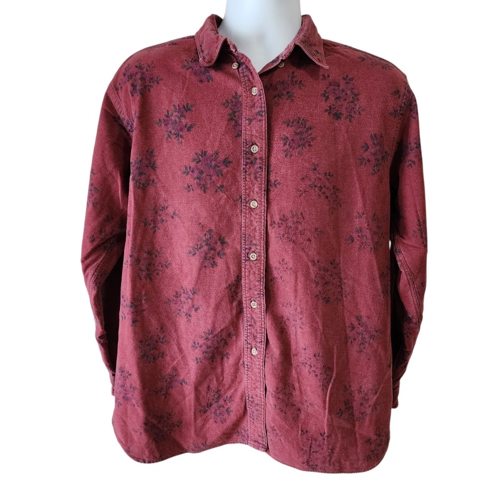 Vintage 90s L.L. Bean Floral Button Front Shirt Women's Medium USA Cotton Red